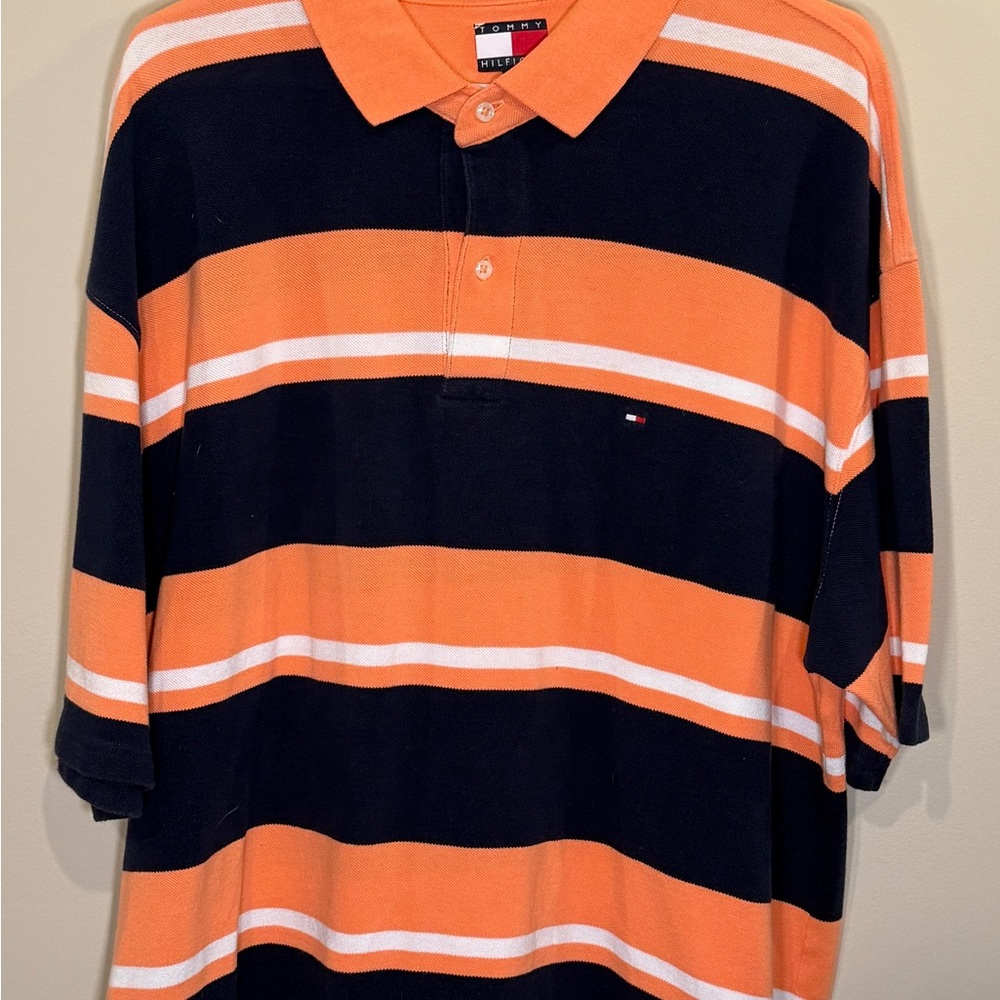 Tommy Hilfiger Men's Orange and Black Striped Polo Shirt